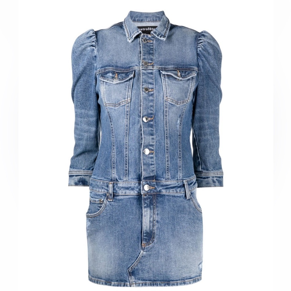 NWT Retrofête Sibi Puff-Sleeve Denim Mini Dress Size M